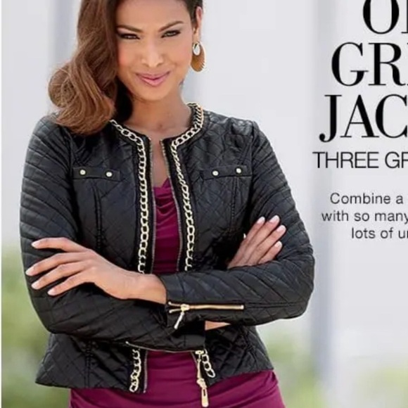 ABS Black Quilted Vegan Leather Jacket with Gold Chain Trim - Picture 1 of 16